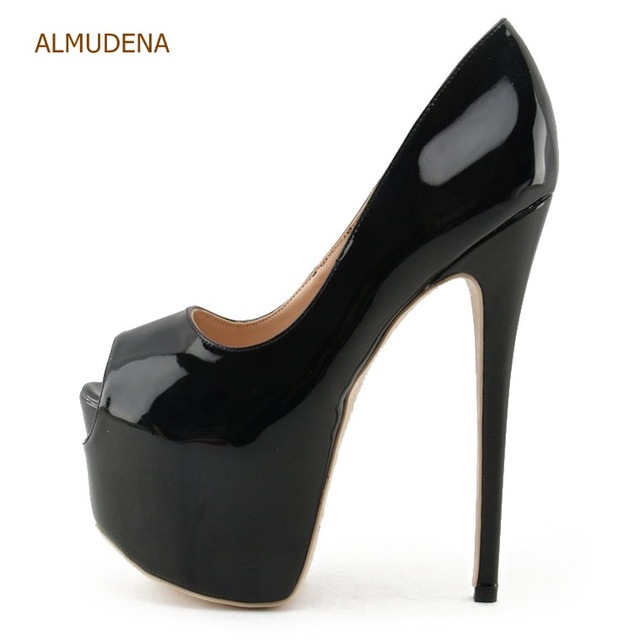 ALMUDENA Fantastic Nude Black Patent Leather Ultra High Heel Shoes .