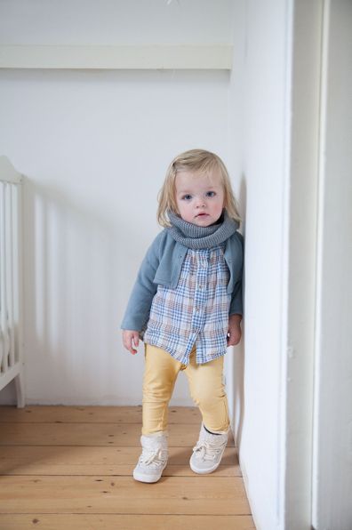cute outfit for a toddler - plaid shirt, cropped cardigan, yellow .