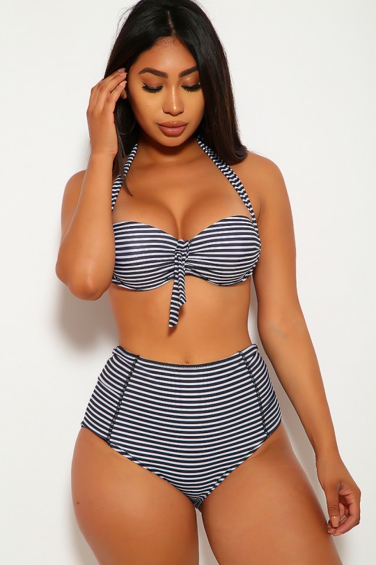 Sexy Black White Striped High Waist Swimsu