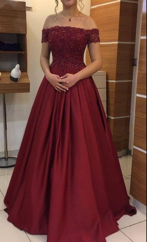 Burgundy Off Shoulder Satin Prom Gowns, Junior Prom Dress 2018 .