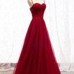 Straps Dark Red Beaded Sweetheart Long Formal Dress, Junior Prom .