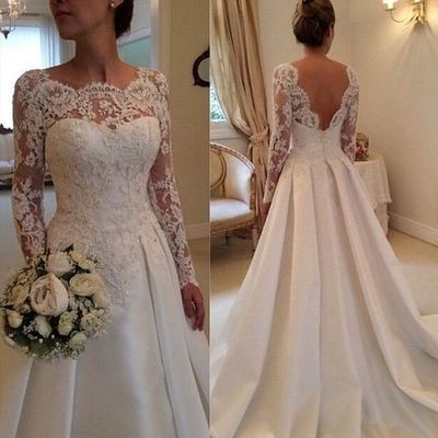 A Line Backless Long Sleeve Spring Wedding Dresses lace Bridal .