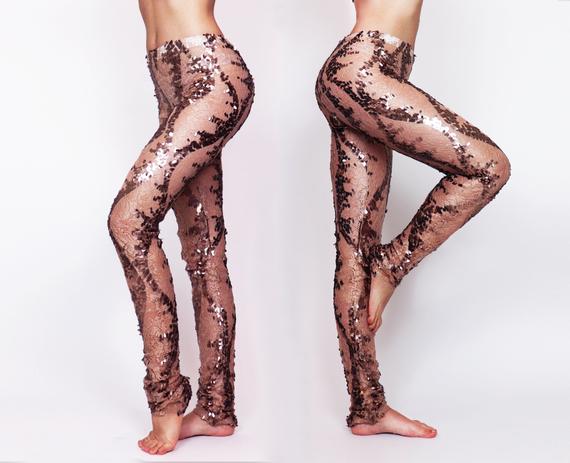 Rose Gold Nude Sequin Lace Leggings Sparkly Leggings | Et