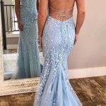 Backless Sky Blue Floral Lace Formal Prom Dress,Mermaid Evening .