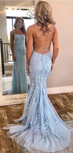 Backless Sky Blue Floral Lace Formal Prom Dress,Mermaid Evening .