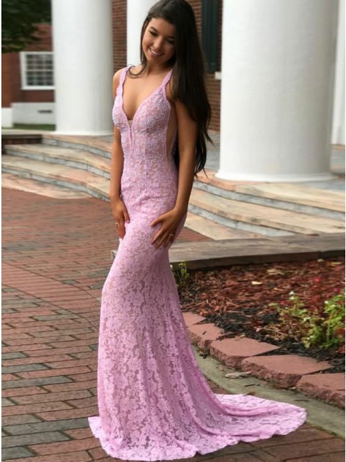Mermaid Deep V-Neck Backless Lilac Lace Prom Dress with Beading .