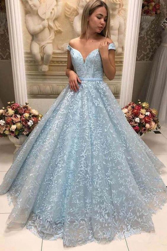 New Arrival Light Blue Lace Puffy Off Shoulder Prom Dresses Formal .