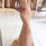 Mermaid Deep V-Neck Pink Lace Prom Dress with Beading Appliques .