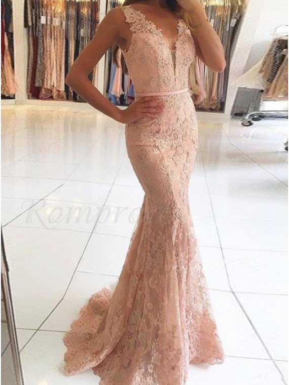 Mermaid Deep V-Neck Pink Lace Prom Dress with Beading Appliques .