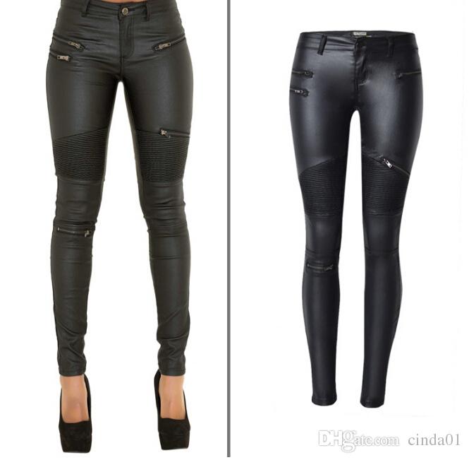 2020 Faux Leather Pants Women Elastic Zipper Leather Pants .
