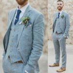 Men's Lake Blue Linen Suits Groom Groosman Wedding Tuxedos 3 Piece .