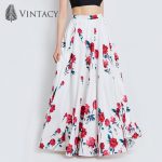 Long Skirts Women White Print Floral Red Rose Pleated Maxi Skirts .