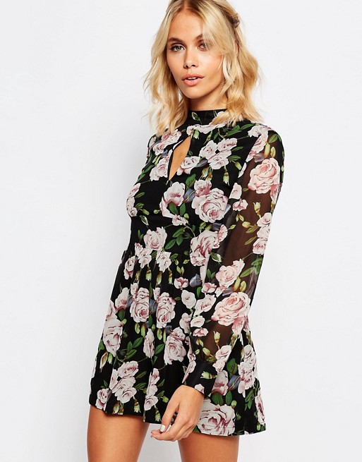 Fashion Union Long Sleeve Playsuit In Floral Print | AS