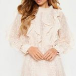 Dusty Pink Lace Frill Detail Long Sleeve Playsuit .