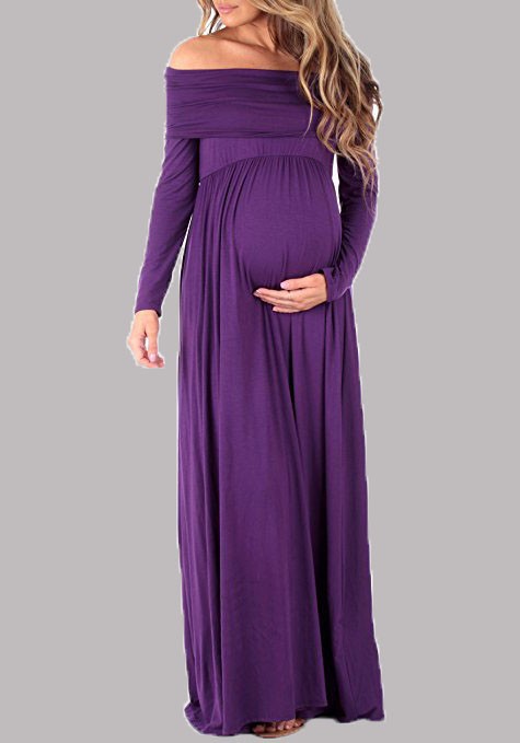 Purple Off Shoulder Backless Draped Long Sleeve Maternity .