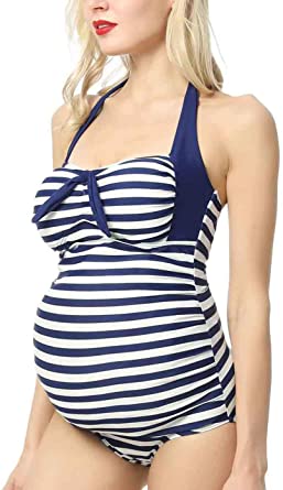 Momo Maternity Bathing Suit UPF 50 Striped Women's Maternity .