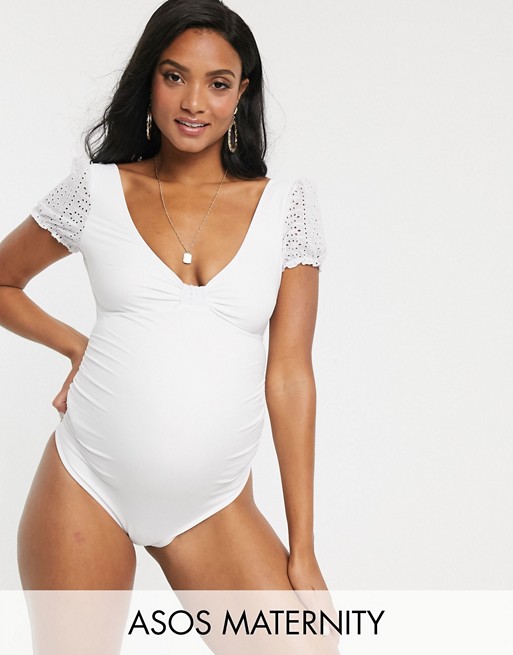 ASOS DESIGN maternity swimsuit with broderie trim in white | AS