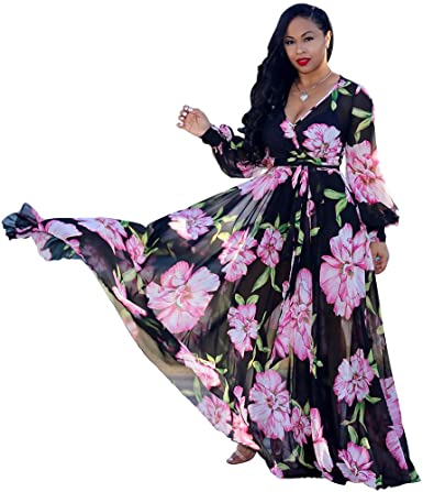 lvenzse Womens Maxi Dress Boho Chiffon Floral Printed Long Party .