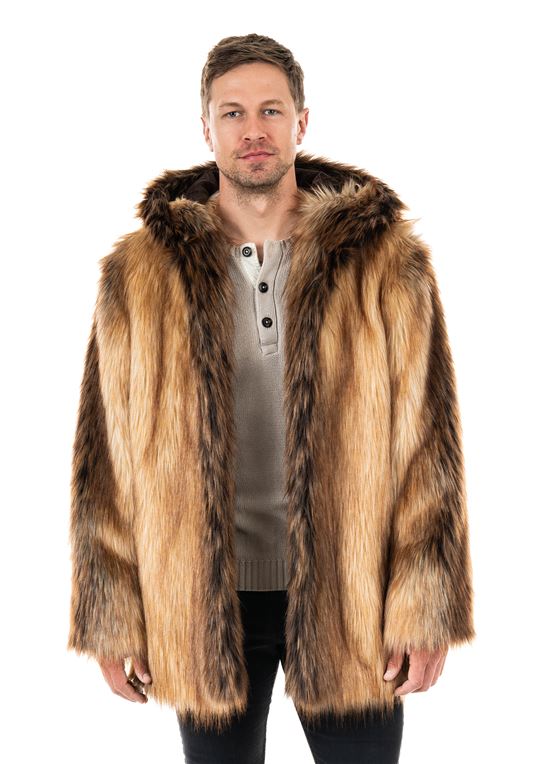 Men's Red Fox Hooded Faux Fur Coat | Mens Faux Fur Coa