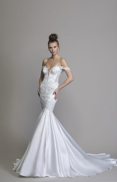 Off The Shoulder Satin Mermaid Wedding Dress | Kleinfeld Brid
