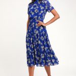 Royal Blue Floral Print Dress - Midi Dress - Short Sleeve Dre