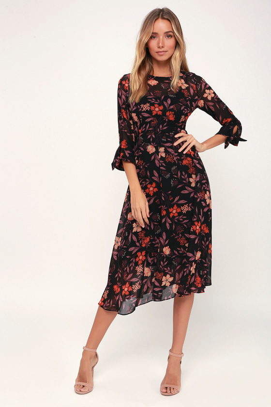I. Madeline Dress - Black Floral Print Dress - Midi Dress - Dre