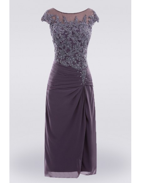 Purple Knee Length Lace Mother Of The Bride Dress With Sleeves .