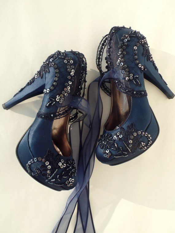 Navy Blue Lace Embellished Wedding Shoes | Navy wedding shoes .