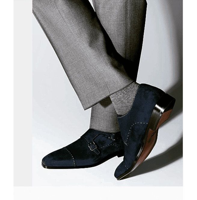 Handmade Men Monk Strap Shoes, Suede Shoes, Navy Blue | RebelsMark