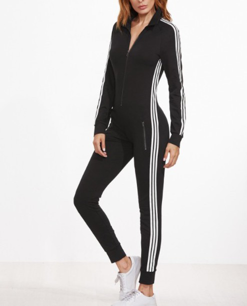 jumpsuit, adidas, black, white, stripes, zip, one piece - Wheretog