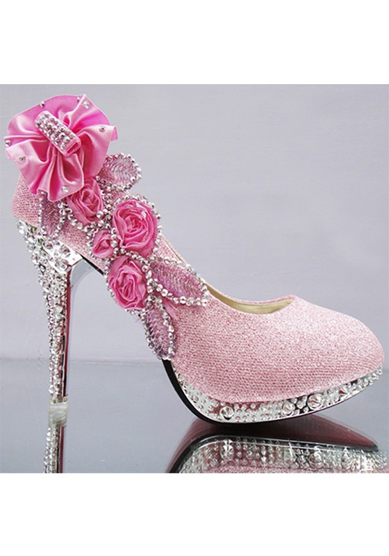 Pink Round Toe Stiletto Rhinestone Fashion High-Heeled Shoes .