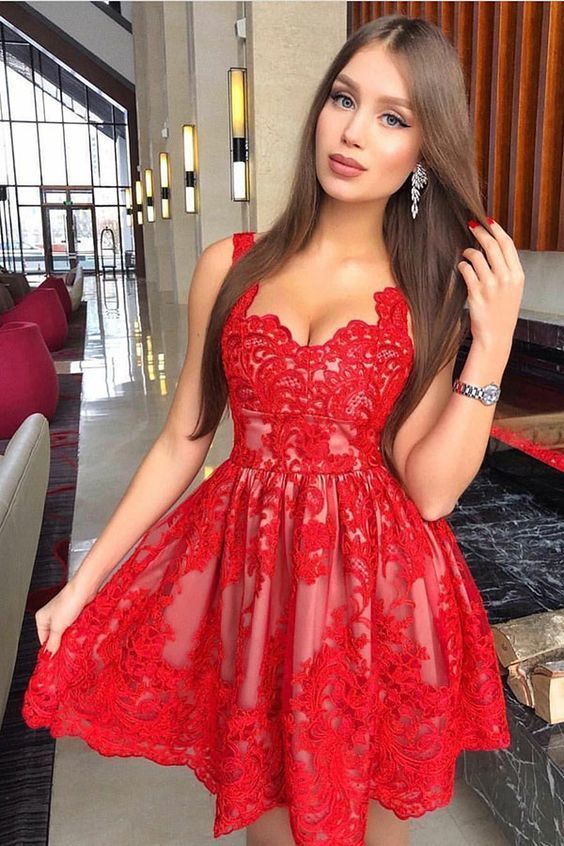 Cute Mini Red Party Dress, Lace Short Prom Dress, Red Cocktail .