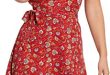 Womens Summer Wrap Dress V Neck Floral Print Boho Red Dress Casual .