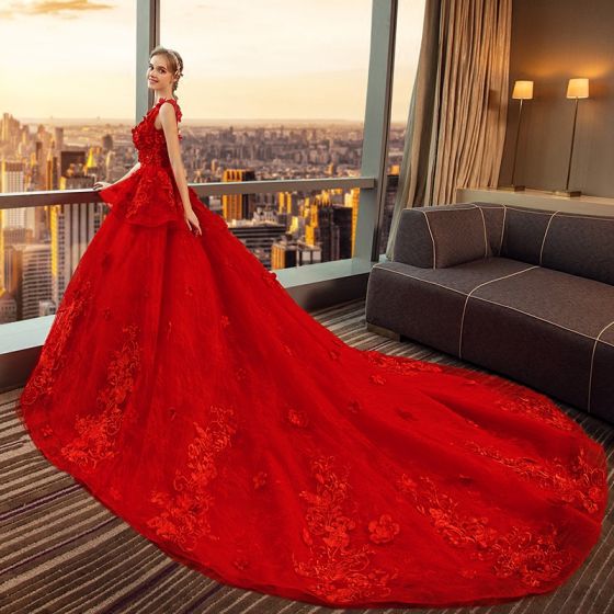 Luxury / Gorgeous Red Wedding Dresses 2018 Ball Gown .