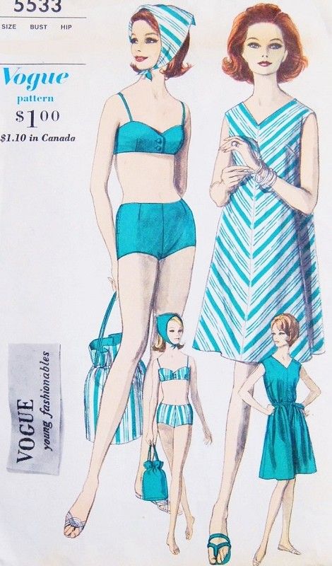 1960s Beach Resort Wear Pattern Vogue Young Fashionables 5533 .