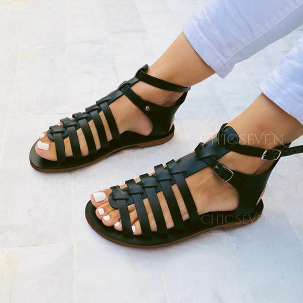 Women's PU Flat Heel Sandals Flats Peep Toe With Buckle shoes .
