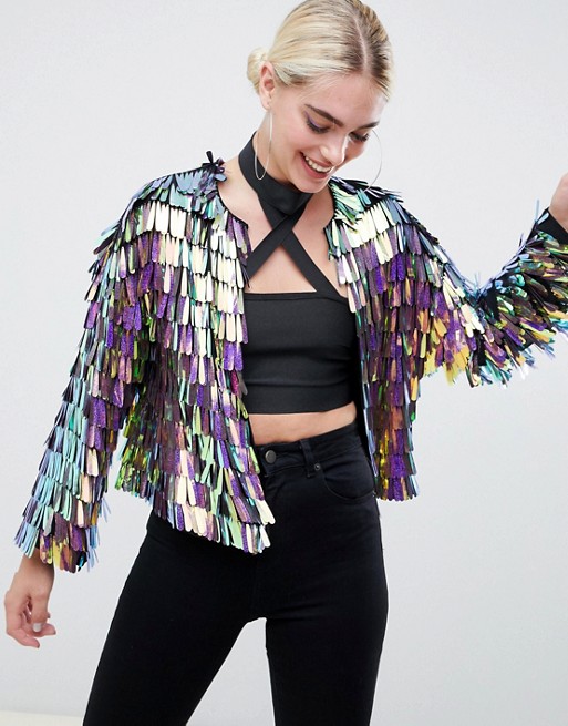 ASOS DESIGN iridescent fringe sequin jacket | AS