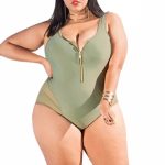 Womens Sexy Plus Size Zipper Front One Piece Swimsuit Green - PINK .