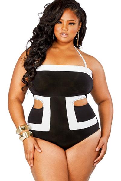 Sexy Contrast White Detail Cutout 1pc Plus Size Swimsuit – SEXY .