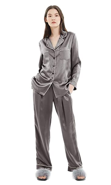 LILYSILK Ladies Gold Piping Silk Pyjamas Set Comfy Two Piece Set .