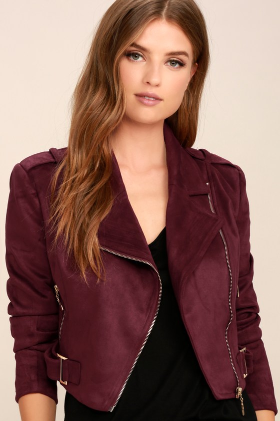 Cool Burgundy Moto Jacket - Vegan Suede Moto Jacket - Zipper .