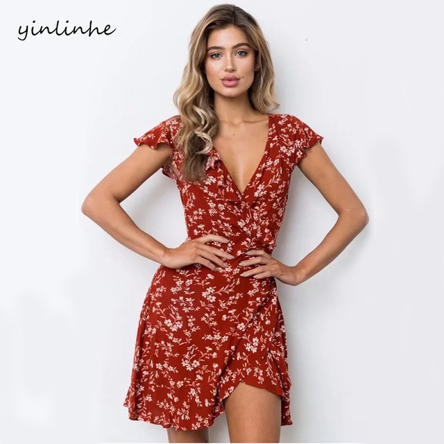 Yinlinhe V Neck Red Floral Beach Wrap Dresses Women Summer Dress .