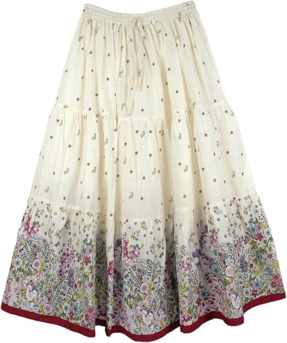 Floral Summer Cotton Long Full Women's Maxi Skirt in Off White .