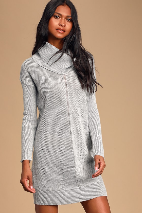 Cute Grey Knit Dress - Cowl Neck Dress - Long Sleeve Dre