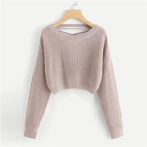 Pink Criss Cross V Back Winter Crop Knitted Sweater Women Clothes .