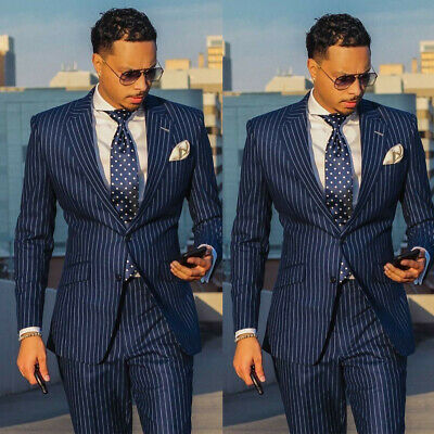 Navy Blue Striped Groom Mens Tuxedos Business Party Wedding Suit .