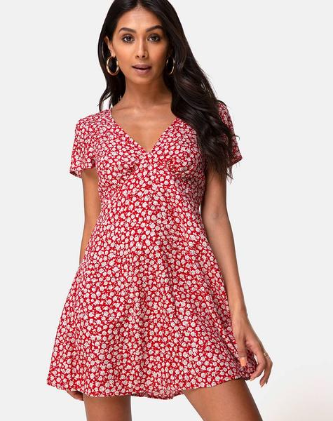 V Neckline Red and Silver Floral Mini Dress | Elara – motelrocks.c