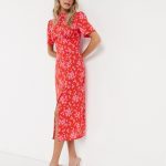 ASOS DESIGN midi tea dress with buttons in red and pink floral .