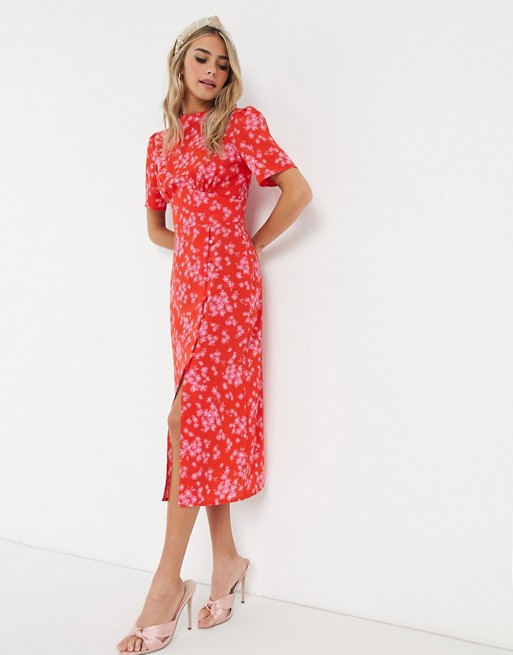 ASOS DESIGN midi tea dress with buttons in red and pink floral .