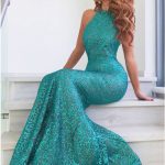 Buy Mermaid Round Neck Sweep Train Turquoise Sequined Prom Dress .